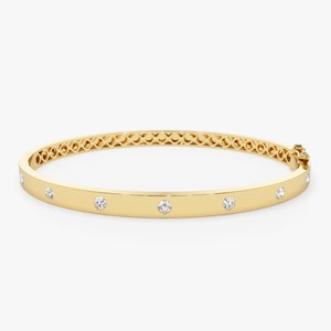 4MM Diamond Bangle Bracelet, 14K Solid Gold Round Diamond Bracelet, 14K Gold Oval Hinged Bangle, Ladies Diamond Bracelet, Gold Flat Bangle
