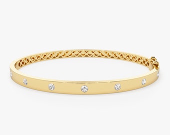 4MM Diamond Bangle Bracelet, 14K Solid Gold Round Diamond Bracelet, 14K Gold Oval Hinged Bangle, Ladies Diamond Bracelet, Gold Flat Bangle