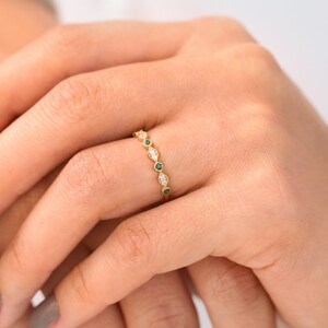 14k Gold Art Deco Emerald and Diamond Half Eternity Women Wedding Ring / Stackable Emerald Diamond Ring May Birthstone Ring