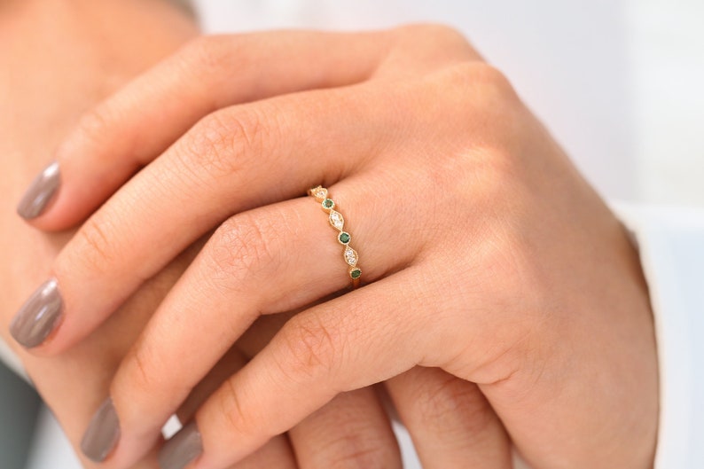 14k Gold Art Deco Emerald and Diamond Half Eternity Women Wedding Ring / Stackable Emerald Diamond Ring May Birthstone Ring