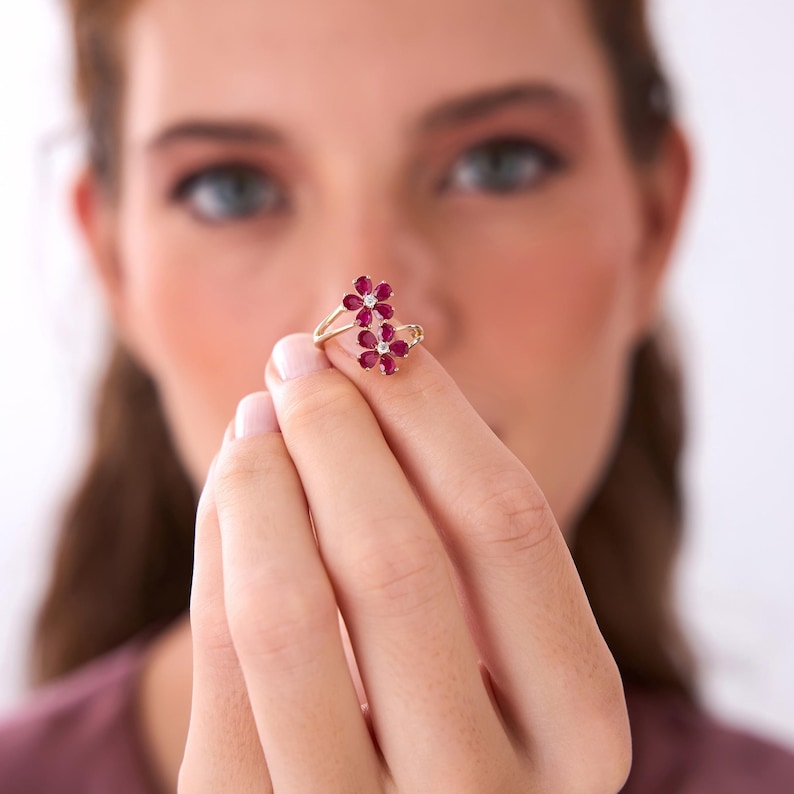 Ruby Statement Ring, 14k Ruby Double Flower Ring, Ruby Gemstone Floral Ring, Pear Shaped Ruby Ring, Diamond Accent Gold Ring, May Birthstone