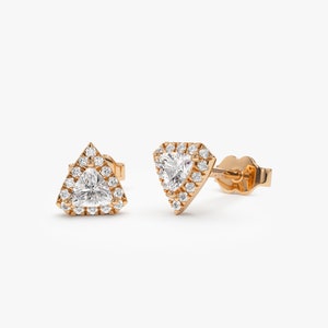 14k Rose Gold Natural Trilliant Diamond with Halo Setting Stud Earrings