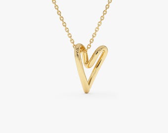 14K Gold Heart Necklace, Abstract Heart Pendant, Modern Minimalist Love Jewelry, Dainty Gold Chain Necklace for Her