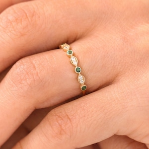 14k Gold Art Deco Emerald and Diamond Half Eternity Women Wedding Ring / Stackable Emerald Diamond Ring May Birthstone Ring