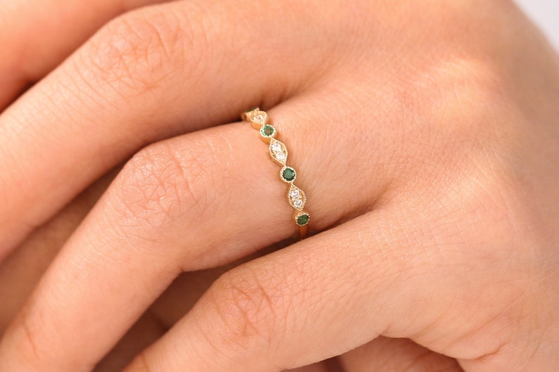 14k Gold Art Deco Emerald and Diamond Half Eternity Women Wedding Ring / Stackable Emerald Diamond Ring May Birthstone Ring