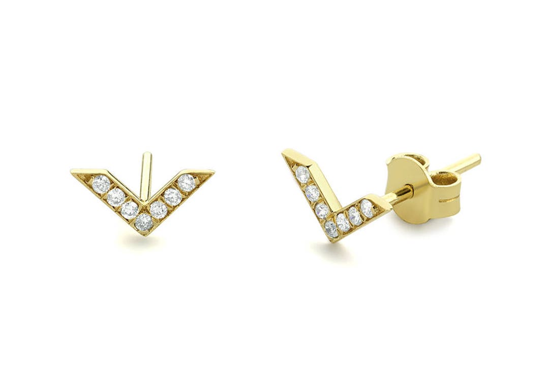 Dainty Diamond Earrings in 14k Solid Gold / Chevron Earrings / - Etsy