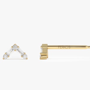 14k Gold Baguette and Round Diamond Dainty Earrings Side View