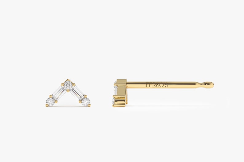 14k Gold Baguette and Round Diamond Dainty Earrings Side View