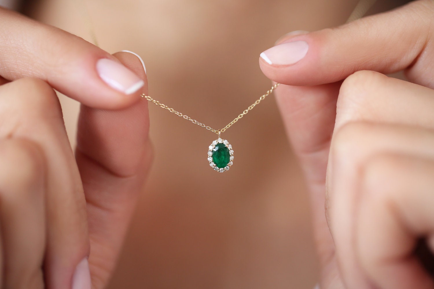 Emerald Necklace / 14k Classic Oval Cut Emerald with Surrounding Diamonds / Natural Emerald Necklace in 14k Solid Gold