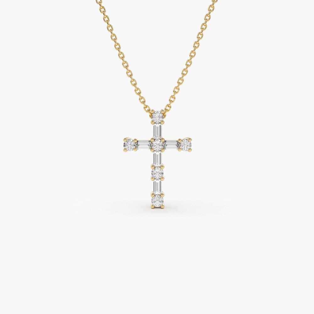 Diamond Cross Necklace / 14k Gold Baguette and Round Diamond ...