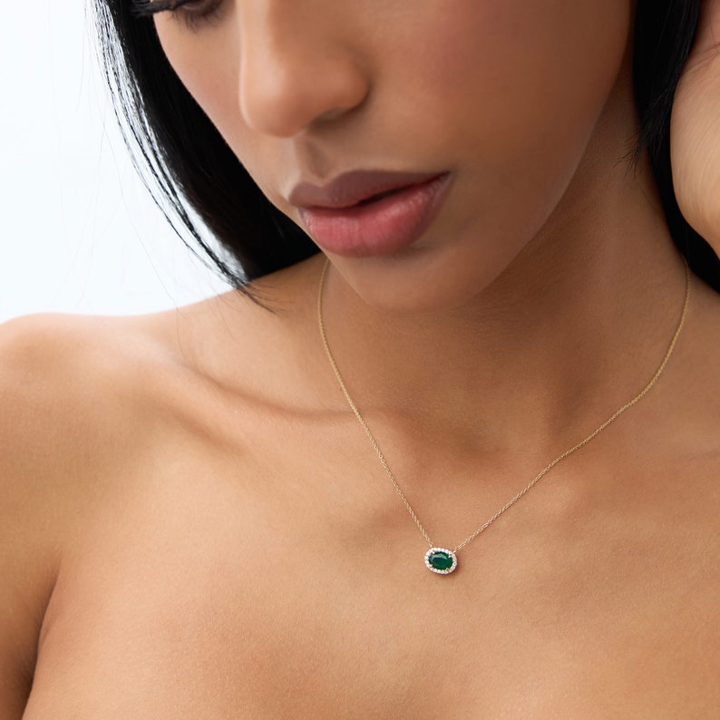 Oval Emerald Necklace, 14k Gold Oval Shape Emerald in Diamond Halo Setting