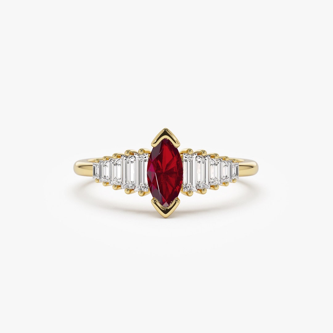 14K Gold Engagement Ring, Everyday Gold Ruby Ring, Marquise Anniversary ...