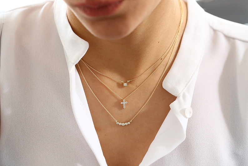 Tiny Diamond Cross Necklace /14k gold diamond cross necklace / Diamond Cross Pendant / Mini Cross White Diamond Necklace