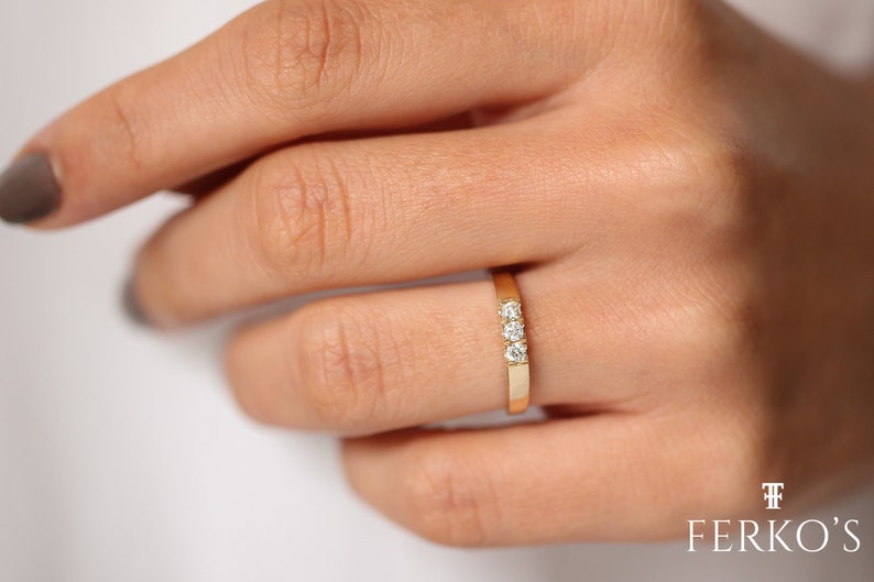 14K Gold 3 Stone Pinky Ring / Pinky Finger Diamond Ring / Minimalist Diamond Ring / Promise Ring / Stackable Ring by Ferkos