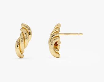14K Gold Twisted Stud Earrings, Diamond Cut Textured Studs