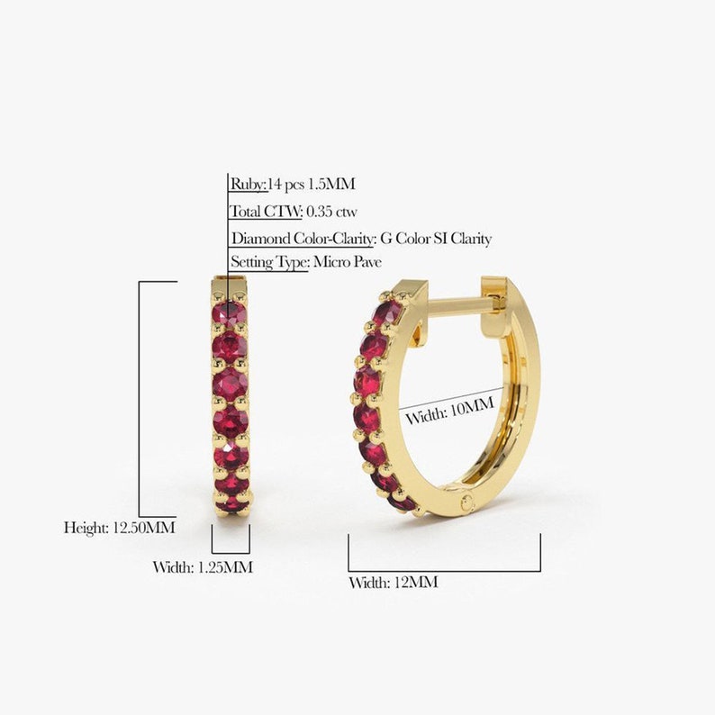 14k Gold 10MM Ruby Huggie Hoop Earrings Discription