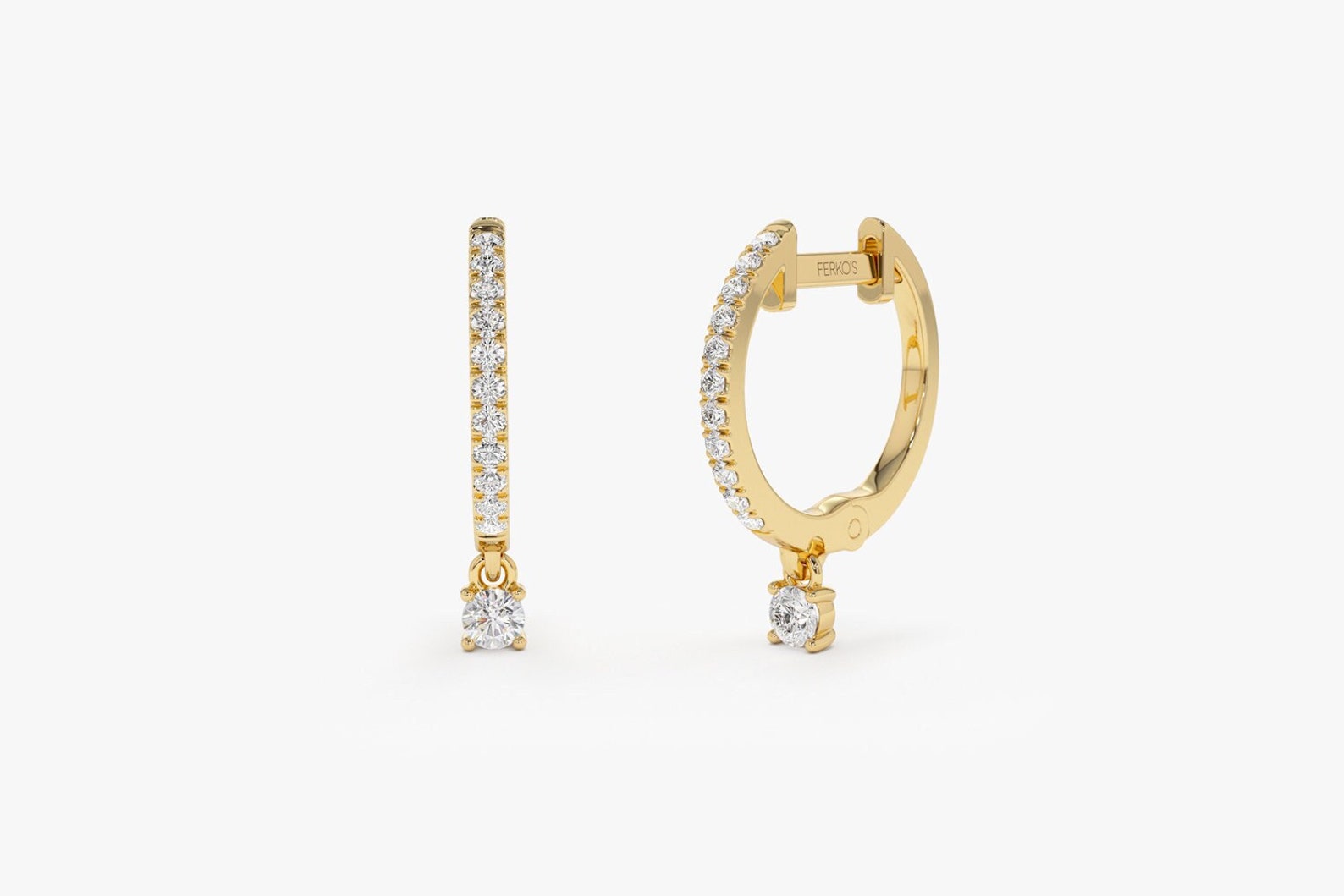 14k Gold and Diamond Hoop Earrings / Dangling Diamond Hoop - Etsy