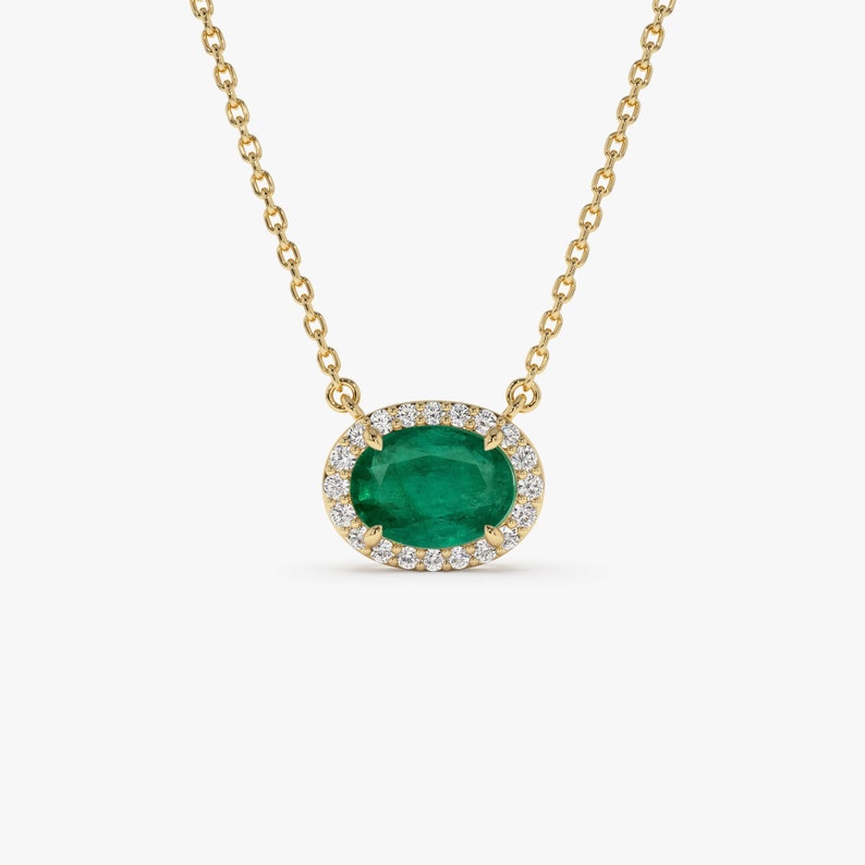 Oval Emerald Necklace, 14k Gold Oval Shape Emerald in Diamond Halo Setting, Halo Setting Emerald Necklace, May Birthstone gift for Mom 14k Gold