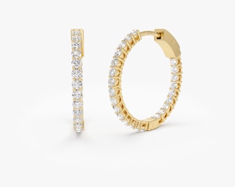 Aros de diamantes, oro de 14 k, 0,99 cts, con diamantes al revés, minimalistas, de dos caras, regalo de cumpleaños para ella.