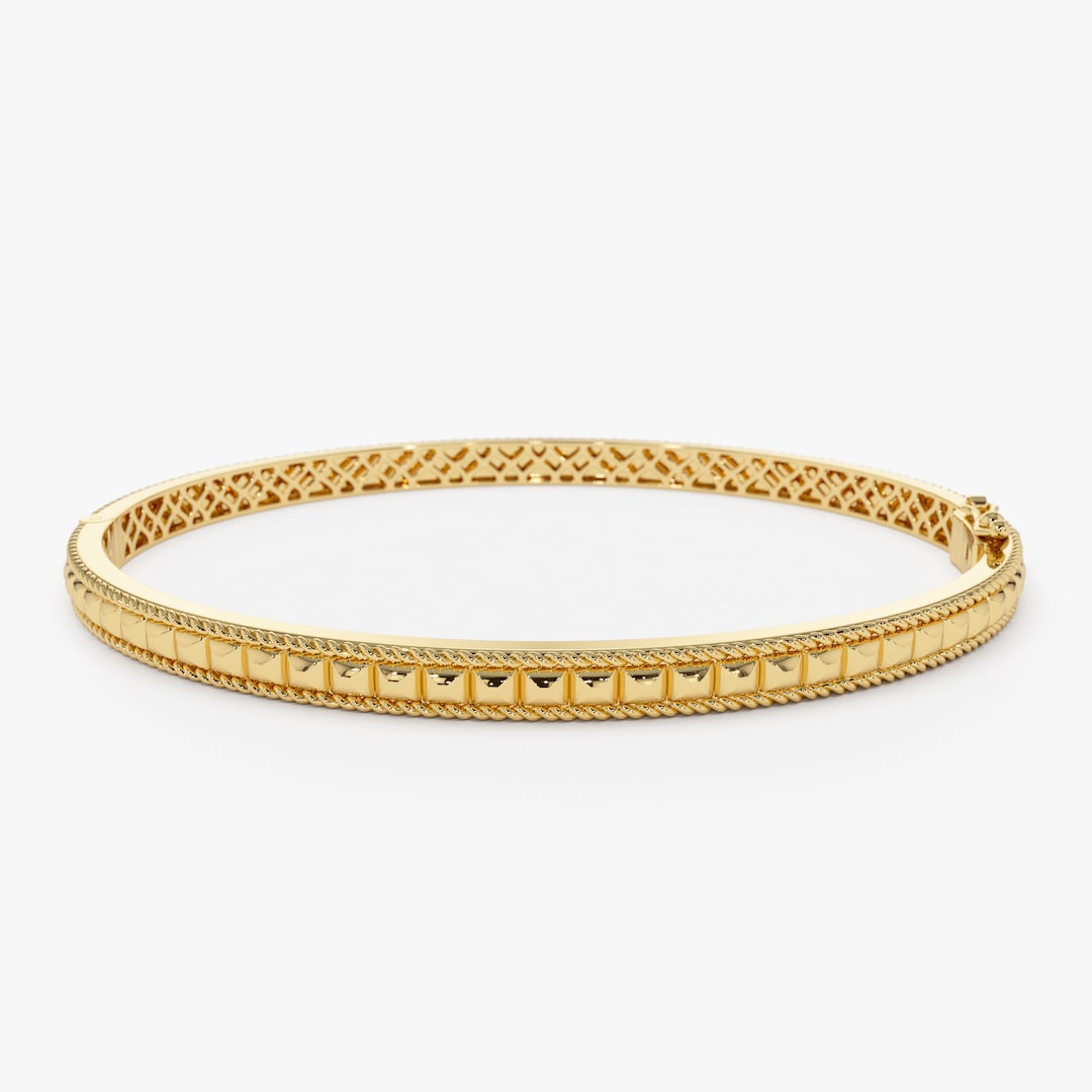 14K Gold Bangle Bracelet, Pyramid Twisted Bracelet, Gold Hinged