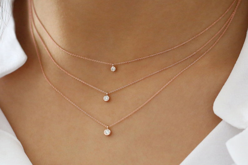 Diamond Bezel Necklace / 14k Rose Gold Dangling Diamond Necklace / Brilliant Cut Real Diamond Necklace / Birthday Gift