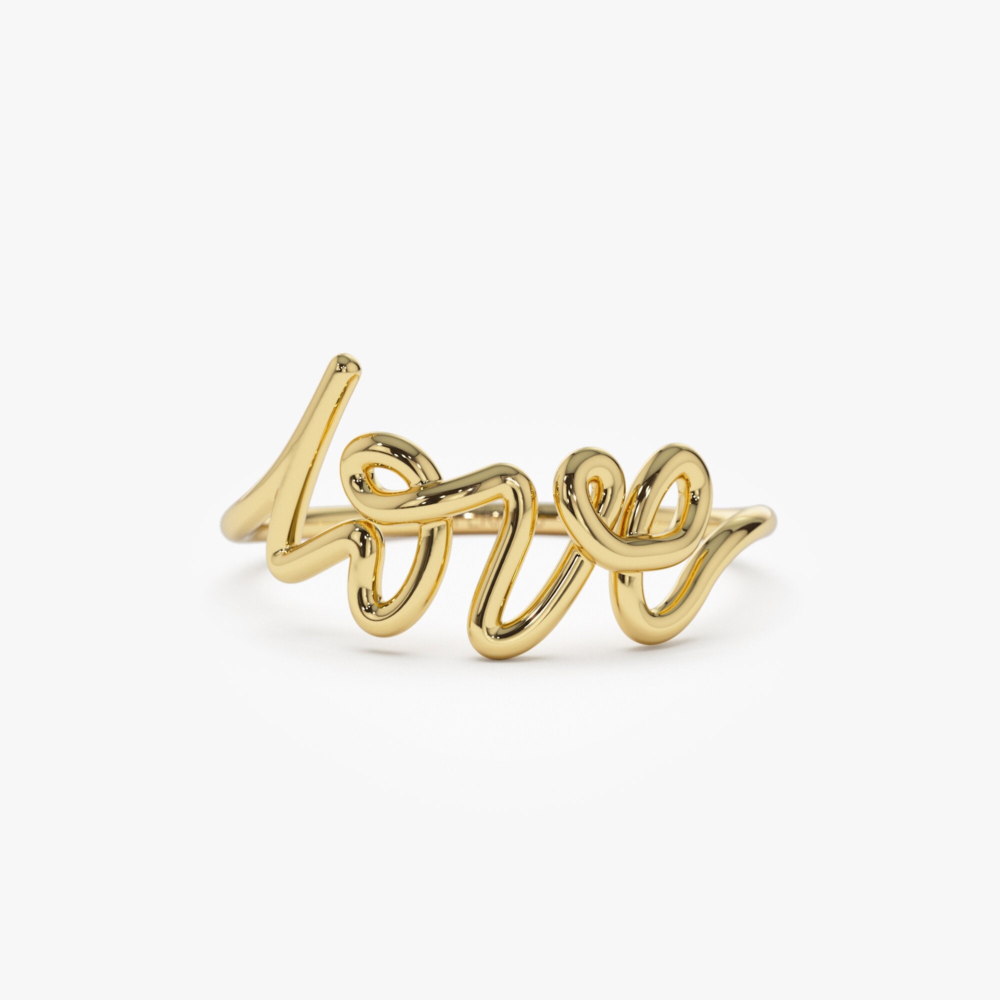 Script Love Ring, 14K Solid Gold Stackable Ring, Minimalist Statement Ring, Dainty Cursive Letter Ring, Gift For Girlfriend, Birthday Gift