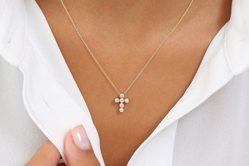 14k Solid Gold Diamond Cross Necklace / Cross Necklace / Etsy