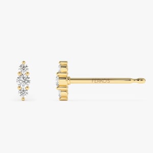 14k Gold Triple Diamond Stud Earrings Side Angle