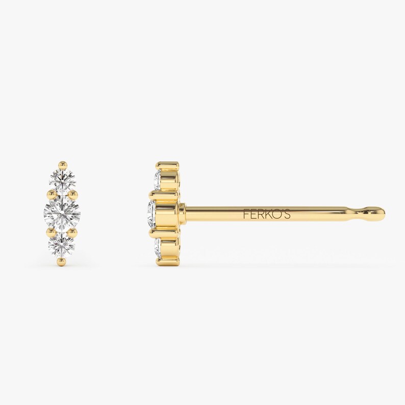 14k Gold Triple Diamond Stud Earrings Side Angle
