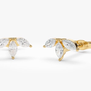 Marquise Diamond Earrings / 14k Gold Crown Stud Earrings / Genuine Diamond Lotus Flower / Dainty Minimalist Triple Marquise Diamond Studs