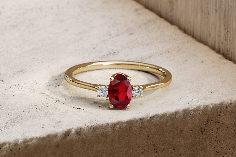 Ruby Ring / Ruby Engagement Ring in 14k Gold / Oval Cut Natural 3 Stone Ruby Diamond Ring/ July Birthstone/ Promise Ring image 3