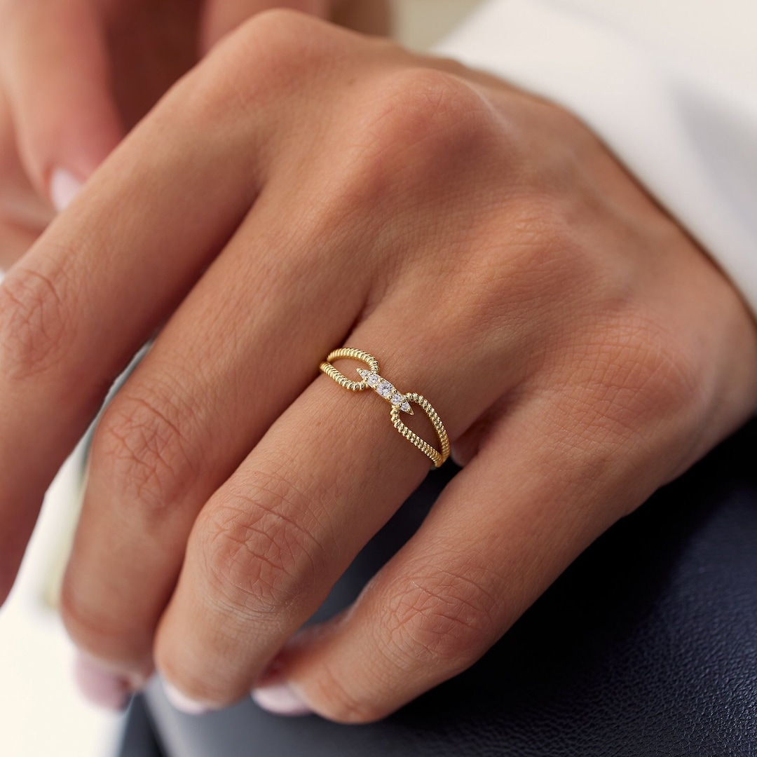 Diamond Ring / 14k Gold Unique Diamond Ring With Double Rope Band