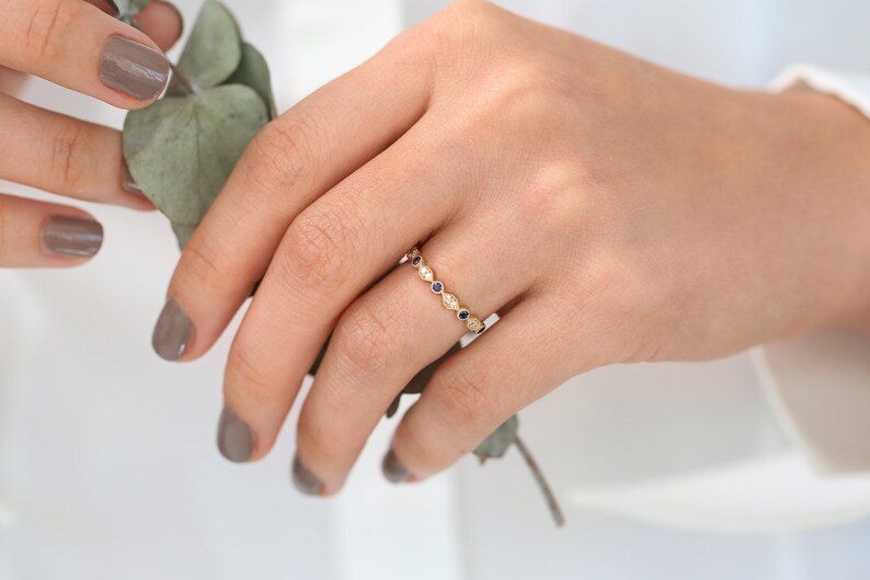 14k Gold Art Deco Sapphire and Diamond Half Eternity Womens Wedding Ring / Stackable Sapphire Diamond Ring / September Birthstone Ring