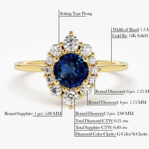 Sapphire Ring / 14k Gold Round Sapphire Halo Wedding Ring / Halo ...