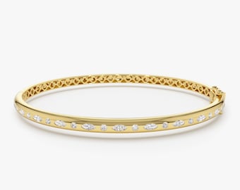 Diamond Bangle Bracelet, 14k Gold Flush Setting Marquise Shaped and Round Diamond Bangle, Hinged Bracelet Bangle, Layering Diamond Bangle,