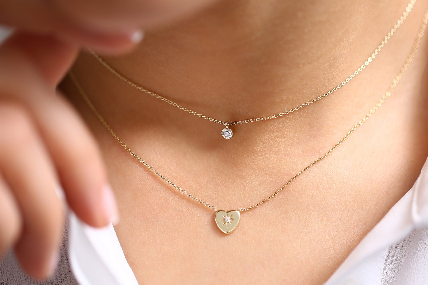 14K Gold Asymmetrical Initial and Bezel Diamond Necklace 14''-16'' Adjustable (Choker Length) + / 2 [+$80]