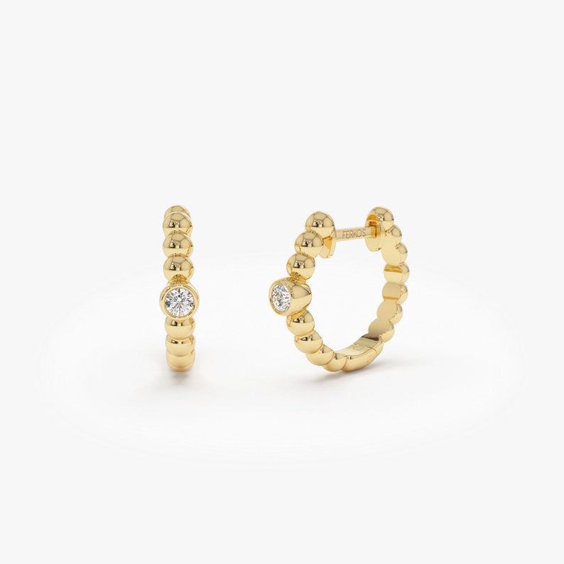 Diamond Hoop Earrings, 14k Gold Bezel Setting Beaded Diamond Huggies, Solid Gold Beaded DiamondHoops Perfect for Everyday Wear 14k Gold