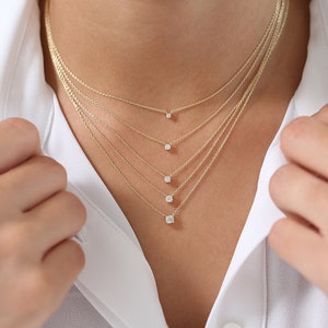 14k Gold Diamond Solitaire Necklace / 14k Gold Layered Diamond Necklace / Dainty Diamond Necklace / Diamond Prong Necklace / Bridal Set