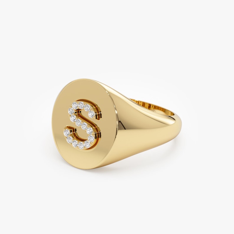 14K Solid Gold Personalized Oval Shape Diamond Signet Ring Side Angle
