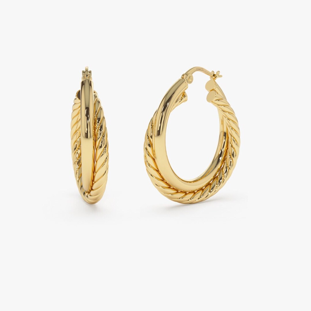 Gold Hoops / 14k Gold Hoop Earrings Medium Size 30MM / Twisted Rope and