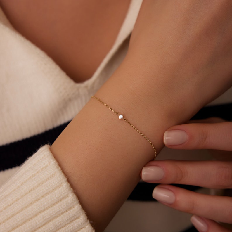 Diamond Bracelet , 14k Gold Prong Setting Diamond Bracelet for Women , Brilliant Cut Solitaire Diamond Bracelet 0.05Ct