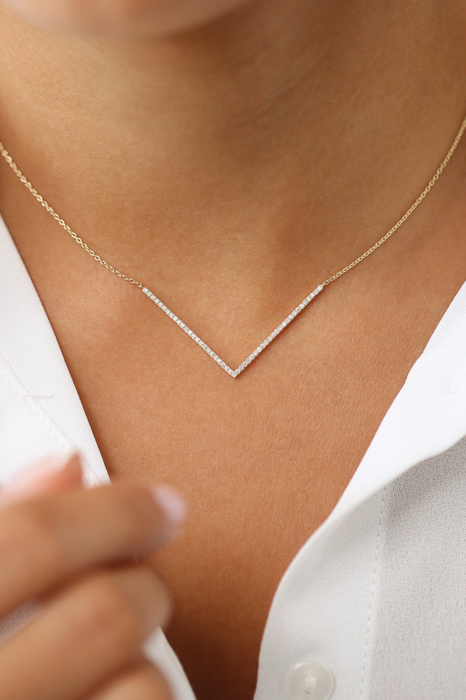 V Shaped Necklace / 14K Gold Diamond Chevron Necklace / Dainty Etsy
