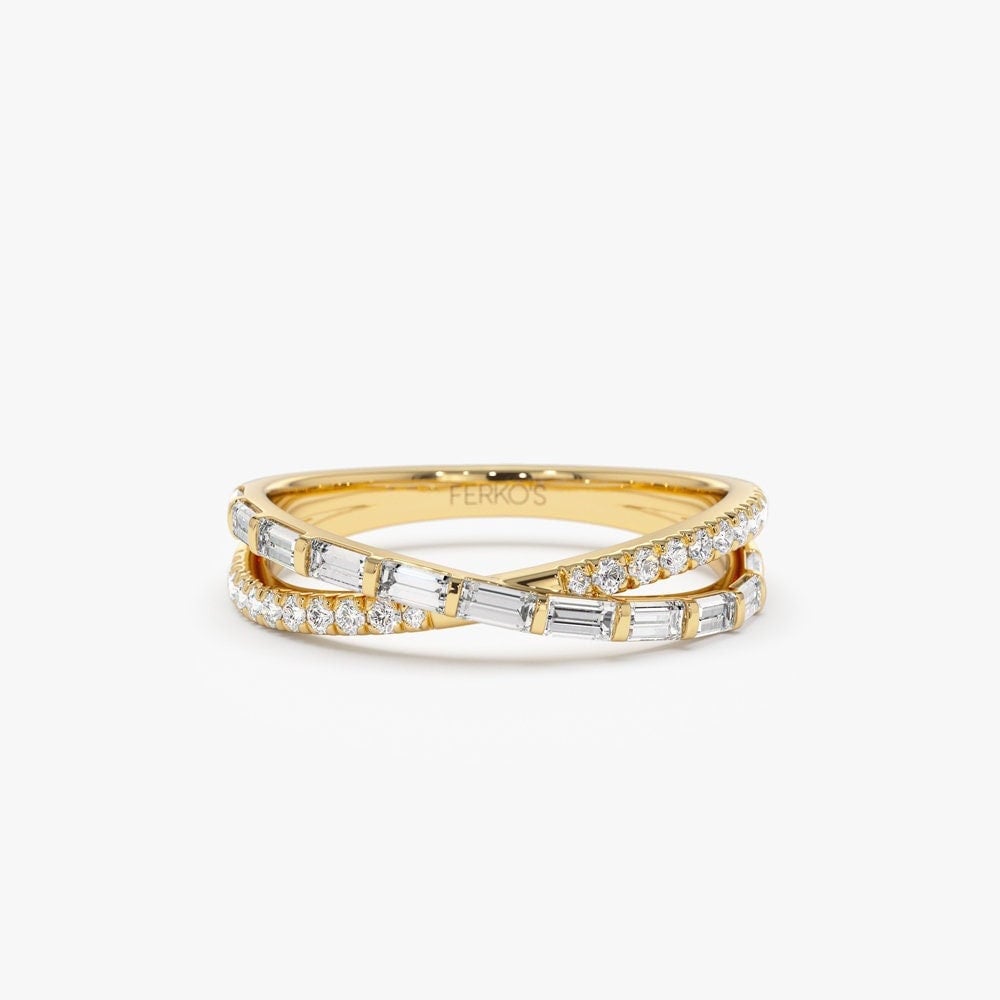Statement RIng / 14k Mix Baguette and Round Diamond Crossover Ring / Criss-Cross Diamond Stacking Ring / Minimalist Ring Ferkos Fine Jewelry