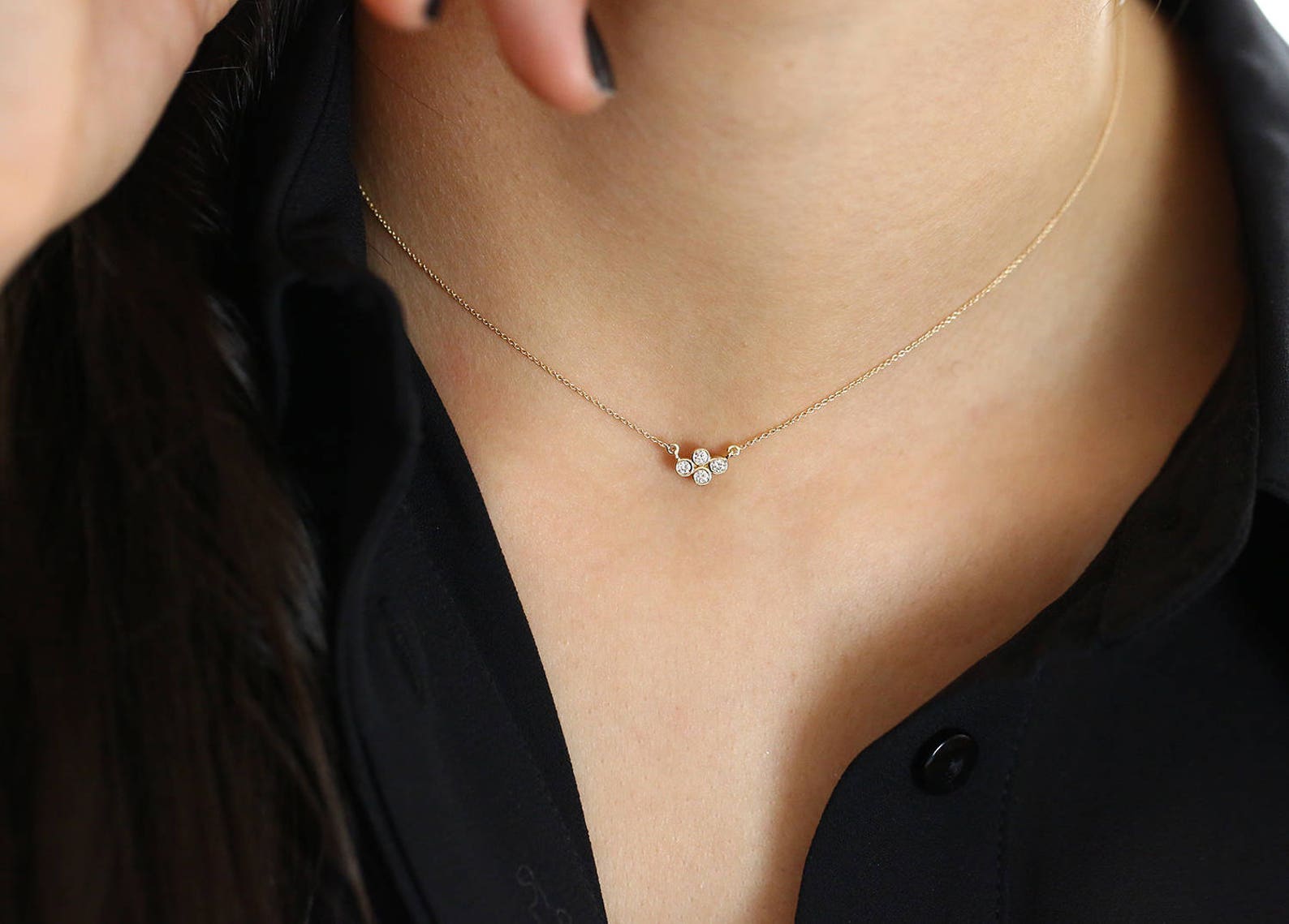 Dainty Gold Diamond Necklace/ 14K Solid Gold Four Stone Etsy