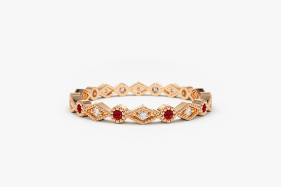 Ruby and Diamond Eternity Ring 14k Rose Gold Art Deco Ruby and Diamond  Wedding Band Ruby Birthstone Stacking Ring Fine Jewelry