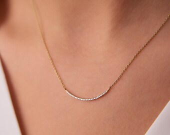 14Kイエローゴールドダイヤモンドカーブバーネックレス並行輸入 14Kゴールドカーブダイヤモンドバーネックレス：プチレイヤー