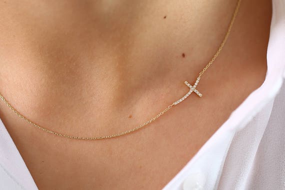 Natural Diamond Platinum Sideways Cross Necklace - PlatinumOnly