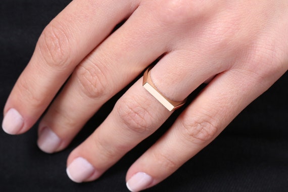 14k Solid Gold Flat Ring Rectangular Shape Gold Ring Available in Rose Gold and White Gold Made by Ferkos Fine Jewelry Gift for Mom Etsy