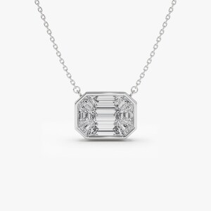 14k White Gold F Color VVS Clarity 1.25Ctw Look Emerald Cut Illusion Setting Diamond Necklace