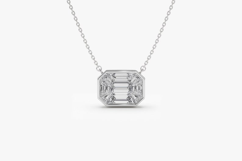 14k White Gold F Color VVS Clarity 1.25Ctw Look Emerald Cut Illusion Setting Diamond Necklace